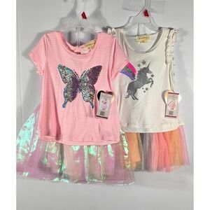 2 btween Dresses Girls Pink Stripe Butterfly Sequin Skirt Set Outfit Size 7/8